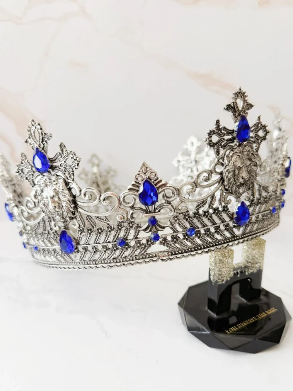 Silver Lion King Crown Blue Crystal Cross Medieval Royal Cosplay Wedding Prom